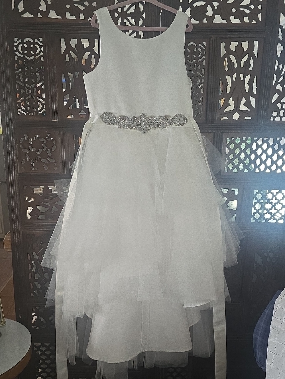 Chantilly Place Girls Flower Girl White Tulle Fancy Dress with Jeweled Waist